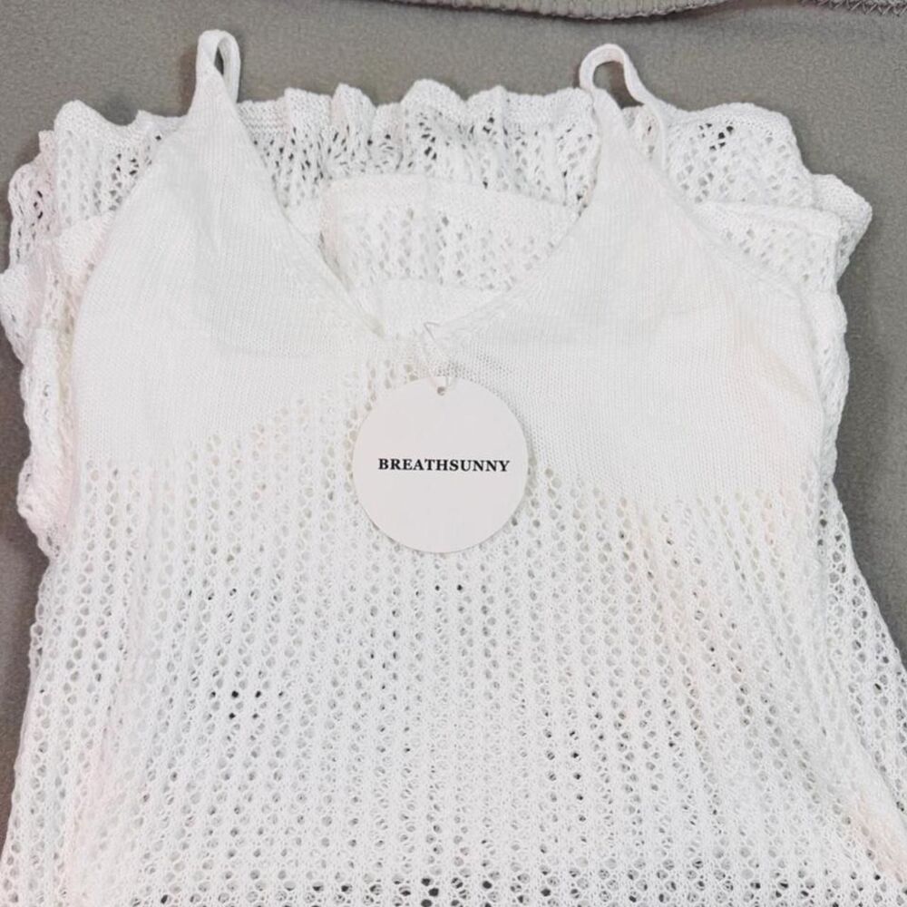BreathSunny White Crochet Cover Up Women's Size M Ruffle Hem Beach Dress NWT - Picture 6 of 7